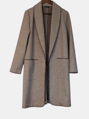 Hilary Radley Taupe Blanket Stitch Shawl Collar Long Coatigan Sweater Coat